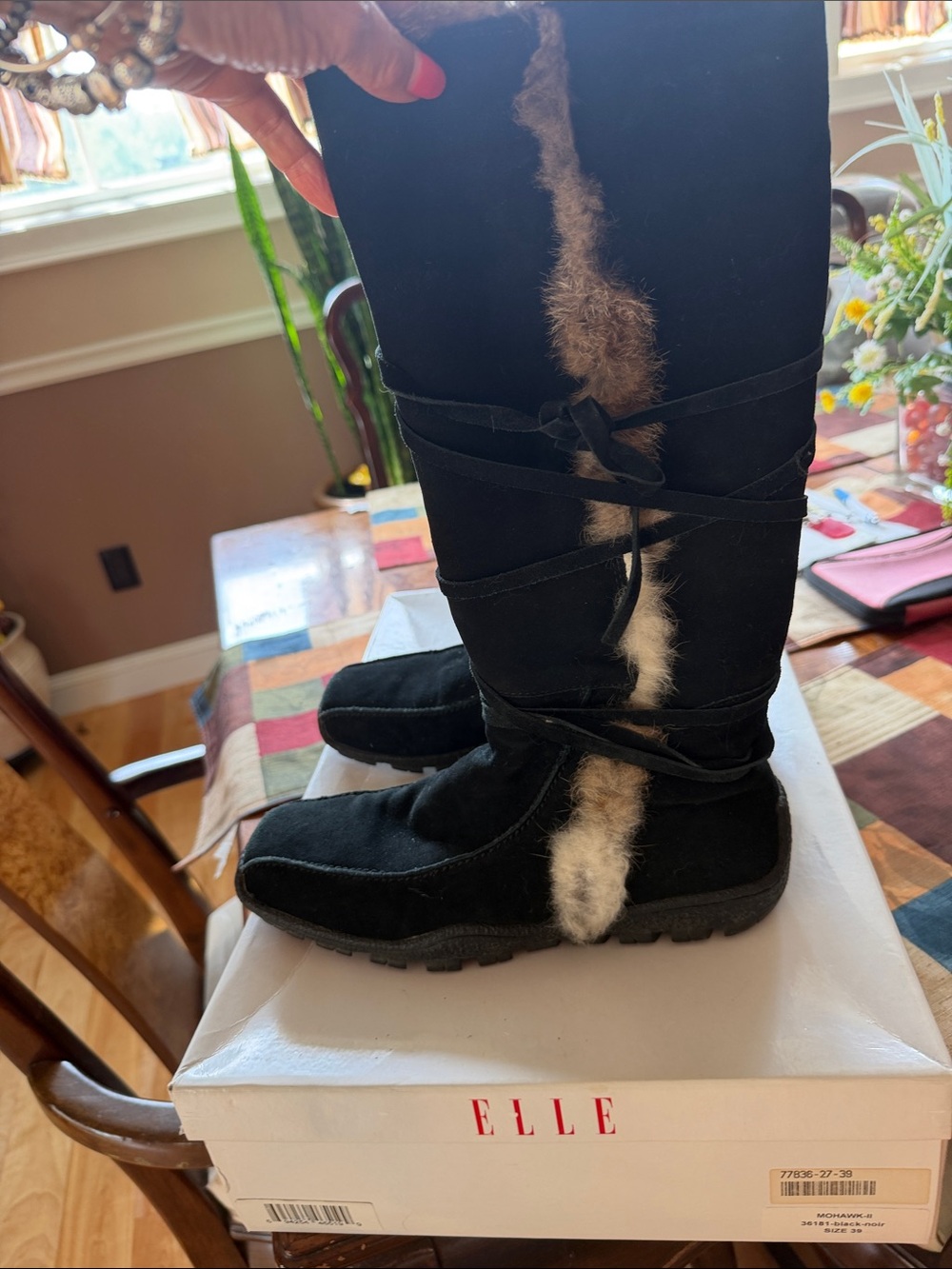 ELLE Black Faux-Suede Tall Winter Boots with Fur Trim